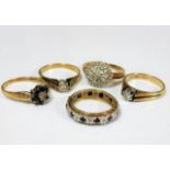 Five 9ct gold ladies rings set with diamonds & sap