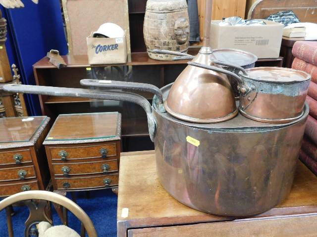 A large Georgian copper pan & cover twinned with t