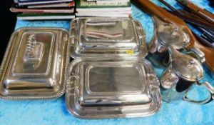 Three silver plated entree dishes & two pieces of