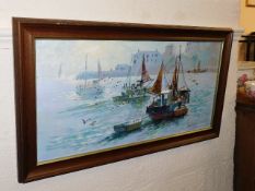 A framed oil painting of coastal scene signed Burk