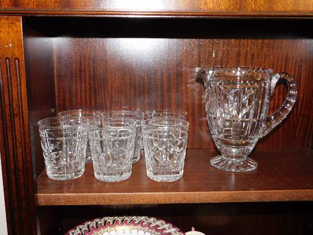 A Walsh cut glass crystal water jug & six whisky g