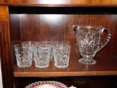 A Walsh cut glass crystal water jug & six whisky g