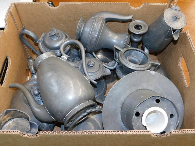 A boxed quantity of pewter wares including a coffe