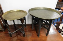 Two Benares style tables with engraved brass tops