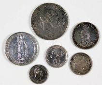 Six British silver coins - an 1817 George III half