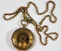 A 9ct gold cased pocket watch with yellow metal ch