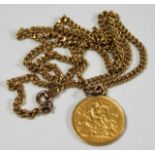 A Victorian 1897 half gold sovereign & 9ct gold chain & holder approx. 10g