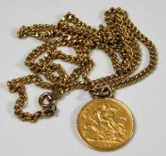 A Victorian 1897 half gold sovereign & 9ct gold chain & holder approx. 10g