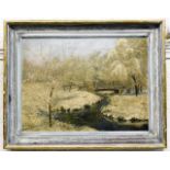 A framed oil on panel titled Winter by the Lea at