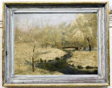 A framed oil on panel titled Winter by the Lea at