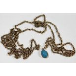 A 19thC. 9ct gold long guard chain with blue carve