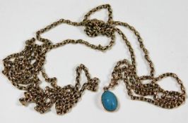 A 19thC. 9ct gold long guard chain with blue carve