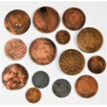 A quantity of fourteen mostly copper coinage mostl