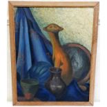 A 1930's art deco stylised cat oil on panel with M