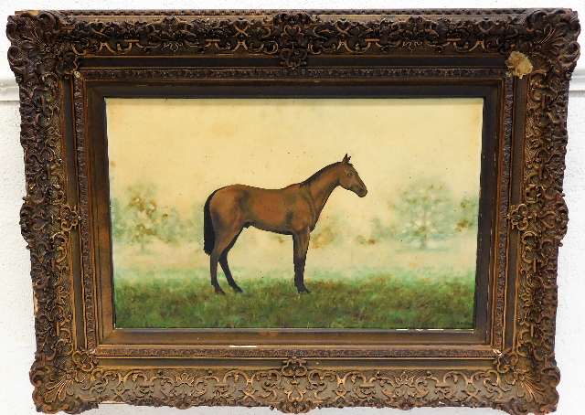 A c.1900 gilt framed oil on canvas of horse, indis