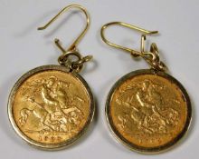 Two Edwardian half gold sovereigns, 1904 & 1909, mounted in holders as earrings approx. 10.62g