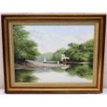 A framed Nicholas Lewis oil on canvas of lake scen