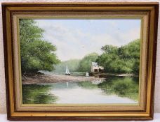 A framed Nicholas Lewis oil on canvas of lake scen