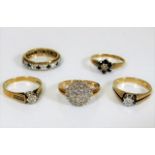 Five 9ct gold rings set with diamonds & sapphires