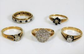 Five 9ct gold rings set with diamonds & sapphires