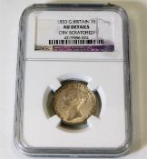 NGC Graded coin with case: 1853 Victoria shilling