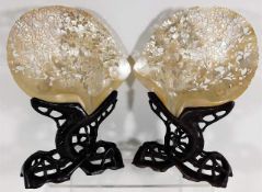 A pair of 19thC. Chinese carved mother of pearl shells of organic & floral form mounted on naturalis