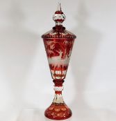 A c.1900 cut glass Bohemian lidded cup with deer d