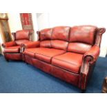 A Thomas Lloyd antique style leather sofa & chair