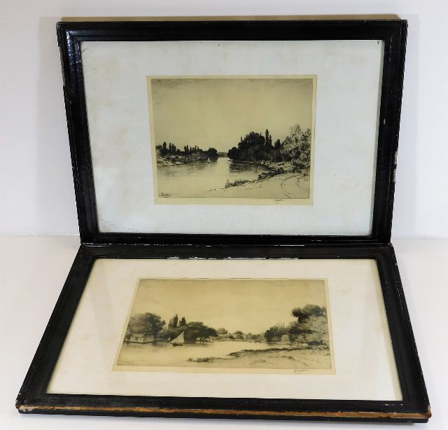 A pair of framed John Fullwood etchings image sizes 12.5in x 10in & 14in x 10in, hand signed in penc