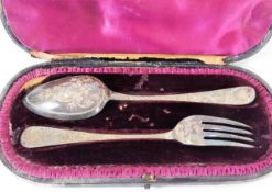 A boxed bright cut early 19thC. spoon & fork chris