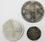 A William III sixpence dated 1697 twinned with a Queen Anne sixpence dated 1711 & a 1838 Victoria ma