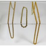 Three 9ct gold rope chains, two necklaces 20in & 1