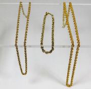 Three 9ct gold rope chains, two necklaces 20in & 1