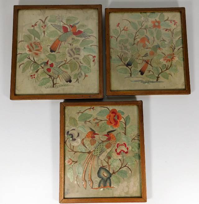 Three c.1900 embroidered Chinese silk pictures dep