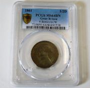 Graded coin with case: 1861 half penny PCGS MS 64