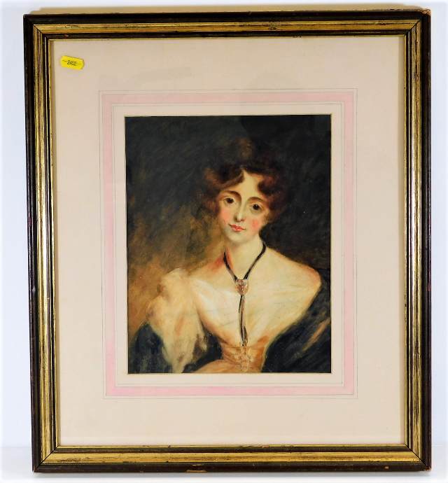 A framed 19thC. watercolour of attractive young wo