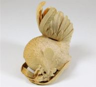 A very fine, exquisitely carved Chinese 19thC. ivory cockerel feeding on sorghum, signed 4.125in hig