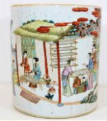 A well decorated c.1800 Chinese porcelain brush pot with polychrome decor, Qianlong mark to base 5.5