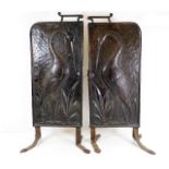 A pair of 19thC. copper Aesthetic Movement Arts & Crafts panel fire screens decorated with herons &
