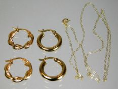 Two pairs of 9ct gold earrings twinned with a fine