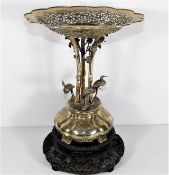 An impressive & detailed 19thC. Chinese silver comport with reticulated hardwood stand with cranes s