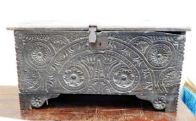 A 16thC. Jacobean oak carved coffer 38in wide x 15in deep x 17.5in high. Provenance: From Hollywood