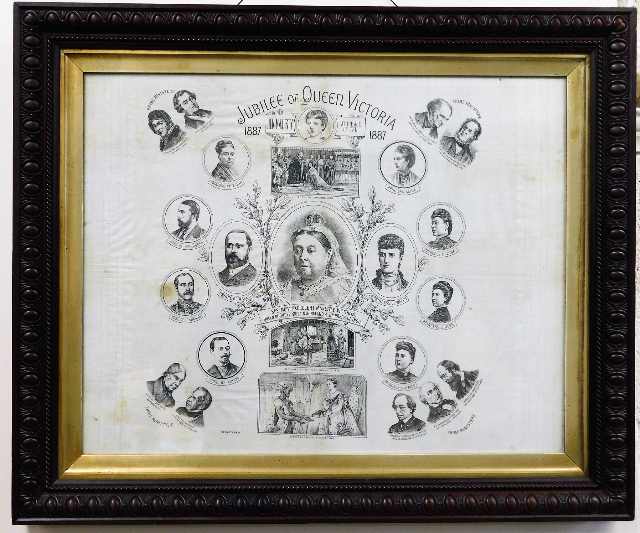 A framed Queen Victoria commemorative silk