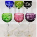 Six Bohemian cut glass coloured hock glasses, no f