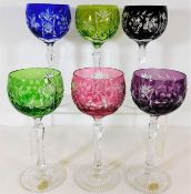 Six Bohemian cut glass coloured hock glasses, no f