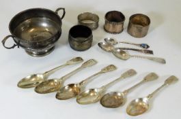 A silver two handled bowl, nine small silver spoon