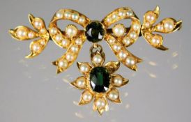 A high carat yellow metal brooch set with natural pearl & tourmaline, one half pearl missing 8g