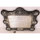 A mahogany mounted heavy silver plaque thanking Sir Walter Vaughan Morgan for his services as Lord M