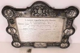 A mahogany mounted heavy silver plaque thanking Sir Walter Vaughan Morgan for his services as Lord M