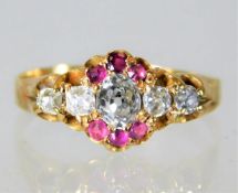 A 19thC. Victorian 18ct diamond & ruby ring 2.5g s